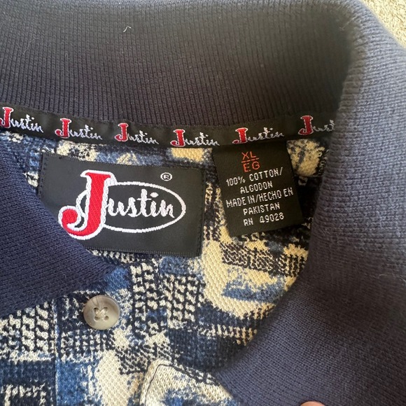 Vintage Justin Steel Blue Polo Shirt‎ Abstract Print Short Sleeve Western XL - Picture 2 of 5